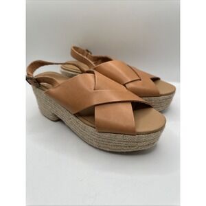 NEW Soludos Women Shoes Leather Sandals Espadrille Wedge Block Heel Tan Size‎ 8